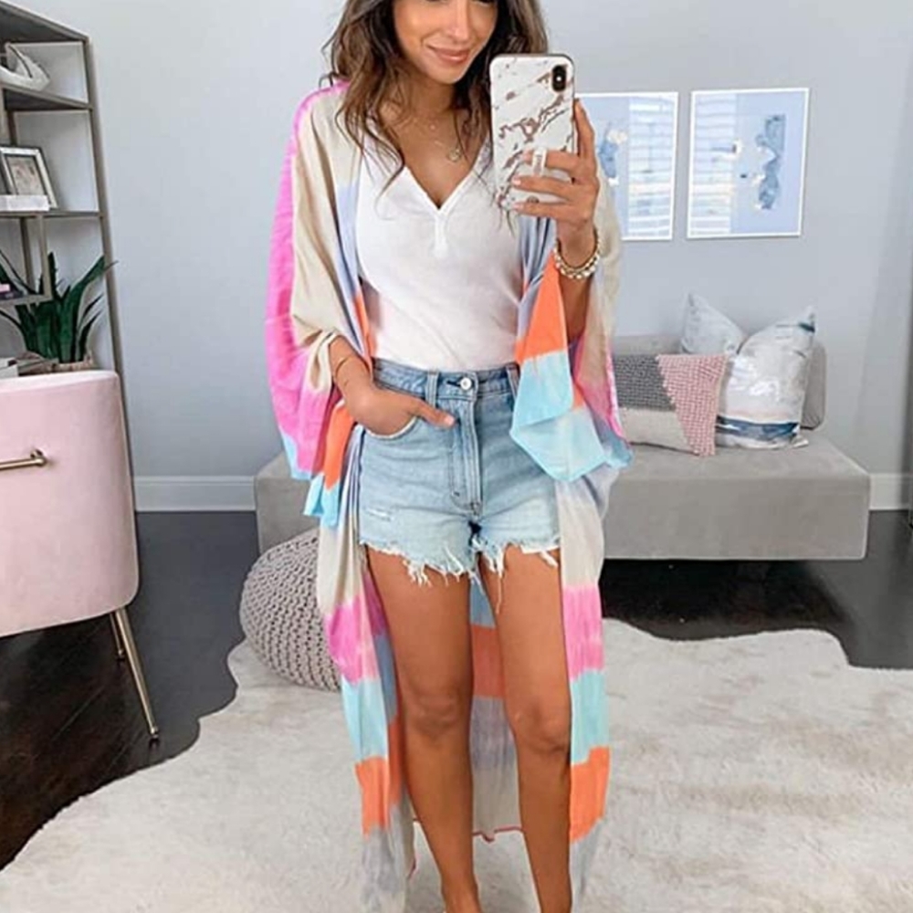 1 left! Rainbow Tie Dye Striped Long Flowy Kimono - Picture 2 of 7